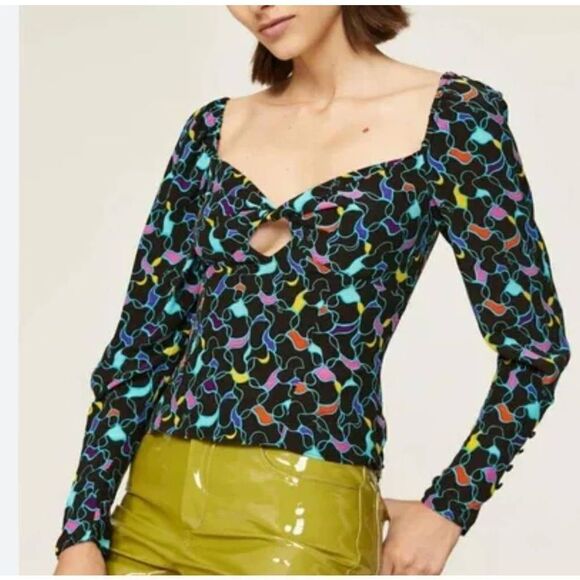 STAUD Josephine Top Long Sleeve Sweetheart Neckline Multicolor Jewel Tones sz 4 - Picture 1 of 5
